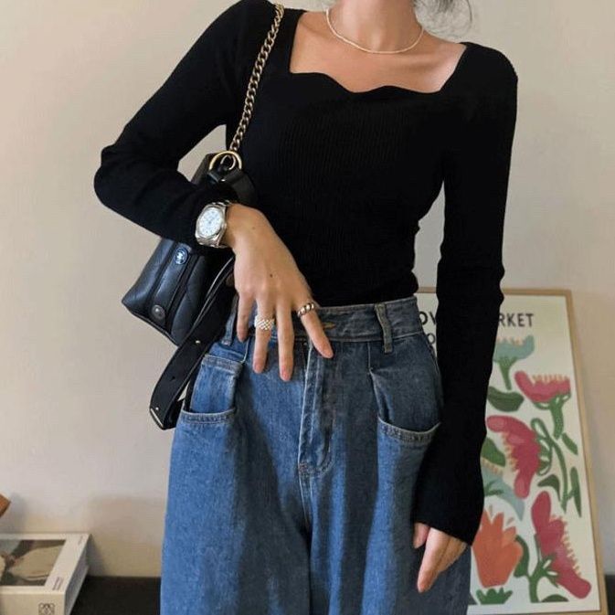 Áo Sweater Tay Dài Cổ Vuông Dáng Ôm Thời Trang Cho Nữ