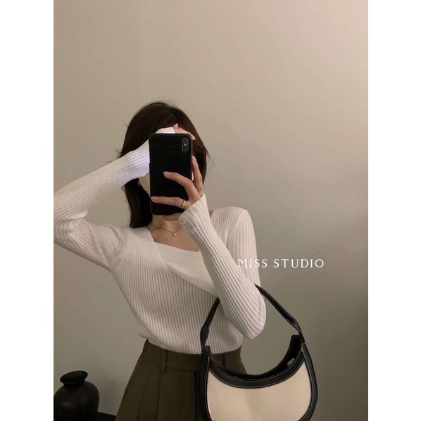 Áo len dài tay sọc tăm cổ chéo 2066