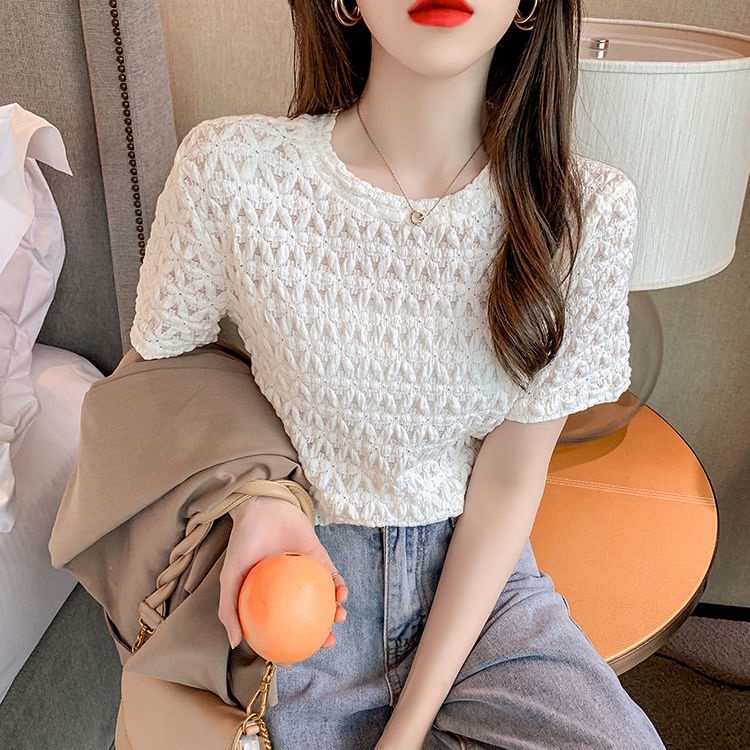 Áo Thun Trắng Tay Ngắn Dáng Rộng Phối Ren Thời Trang Mùa Hè Phong Cách Hàn Quốc Dễ Phối Đồ Cho Nữ