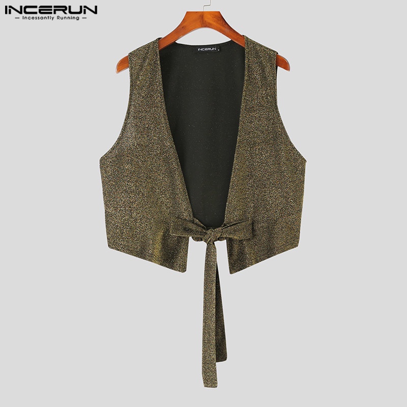 INCERUN Áo Ghi Lê Không Tay Cổ Chữ V Sáng Bóng Gợi Cảm Cho Nam