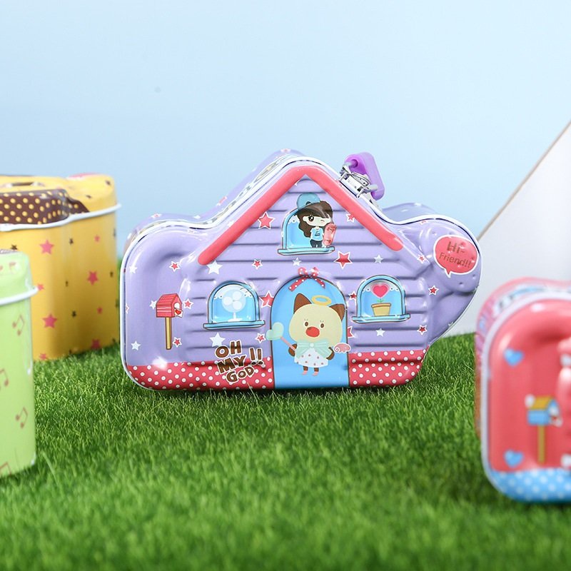 Két Sắt Ống Heo Tiết Kiệm Ngôi Nhà Ba Cửa Sổ Có Khóa Mini Cho Bé