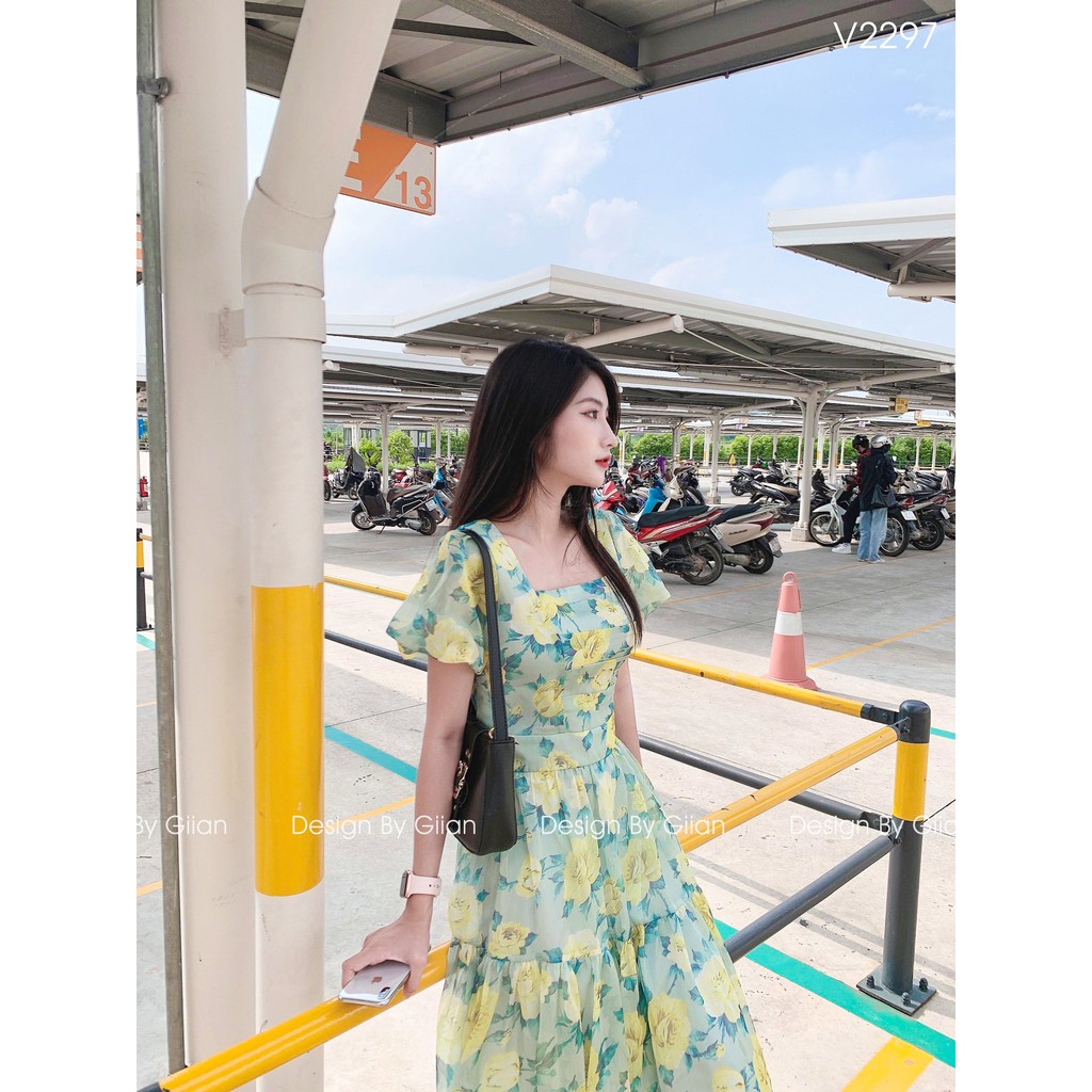 Giian - Váy hoa dáng dài cổ vuông - 𝐌𝐢𝐧𝐚 𝐃𝐫𝐞𝐬𝐬 - thiết kế chính hãng - V2297 | BigBuy360 - bigbuy360.vn