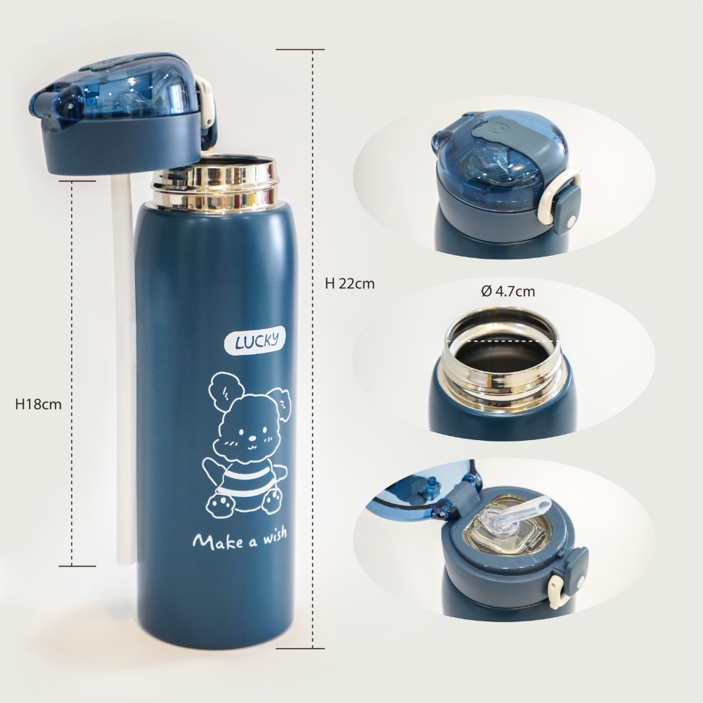 Bình giữ nhiệt INOX 304 họa tiết dễ thương có ống hút , bình giữ nhiệt 500ml loại tốt