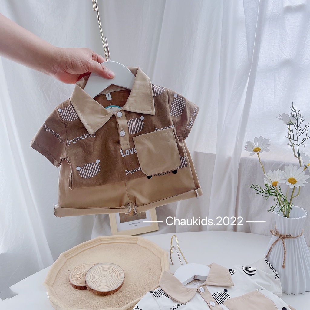 Bộ Cộc Tay Bé Trai 10-20kg Áo Polo Cotton QC Quần Thô Mềm Hình Gấu, Bộ Đồ Bé Trai Mặc Nhà - AN.KID