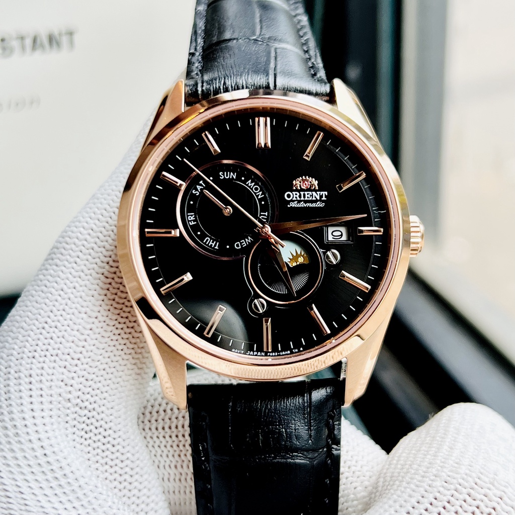 Đồng hồ nam dây da Orient Sun and Moon Gen 5 Black Rose Gold Leather RA AK0304B10B