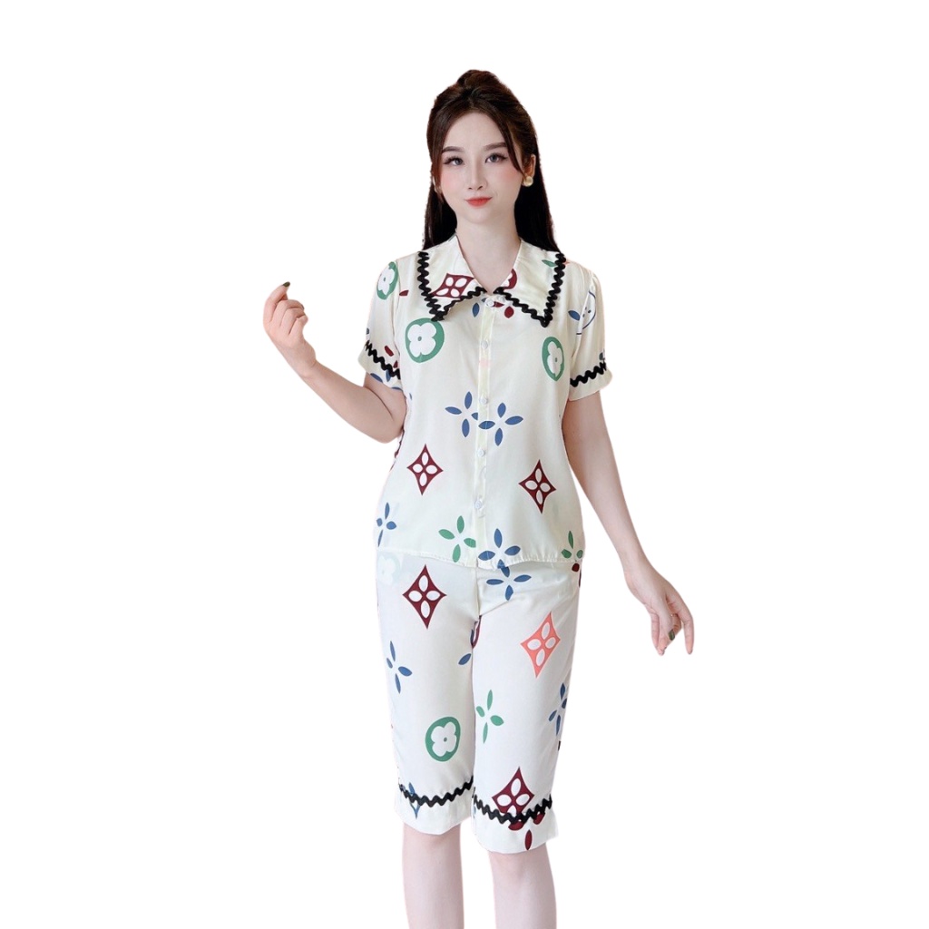Bộ đồ ngủ nữ áo cộc - quần lửng lụa mango cổ nhọn viền đen  -  Pyjamas House