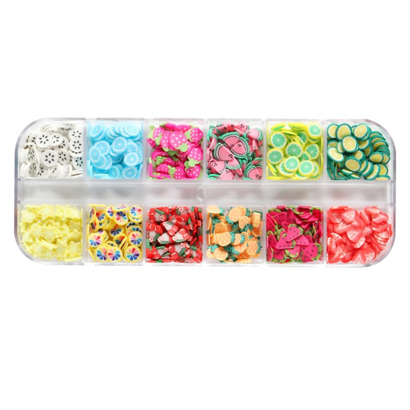 Hộp đất sét polymer mềm hình trái cây đính móng trang trí/ làm đồ trang sức thủ công diy thiết kế 12 ô