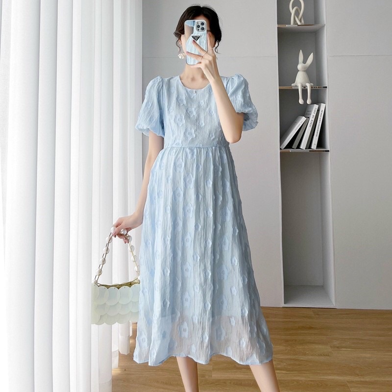 Váy bầu dáng dài họa tiết hoa nổi tay bồng bo chun, đầm bầu voan cổ tròn hai lớp tiểu thư - VB178 - Trabinhshop