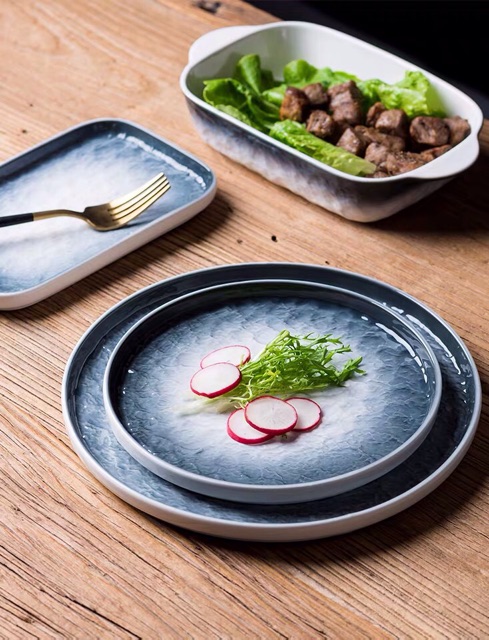 Link tách lẻ set bát đĩa sứ vân đá sóng nước xanh đĩa bít tết, salat đồ Âu cao cấp