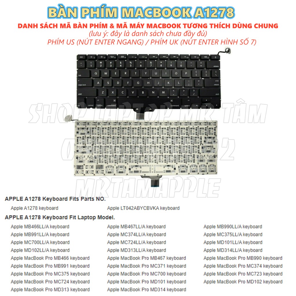 (KEYBOARD) BÀN PHÍM LAPTOP MACBOOK A1278 dùng cho Pro 13&quot; 2009 2010 2011 2012 A1278 MB466 MB467 MB990 MB991 MC374