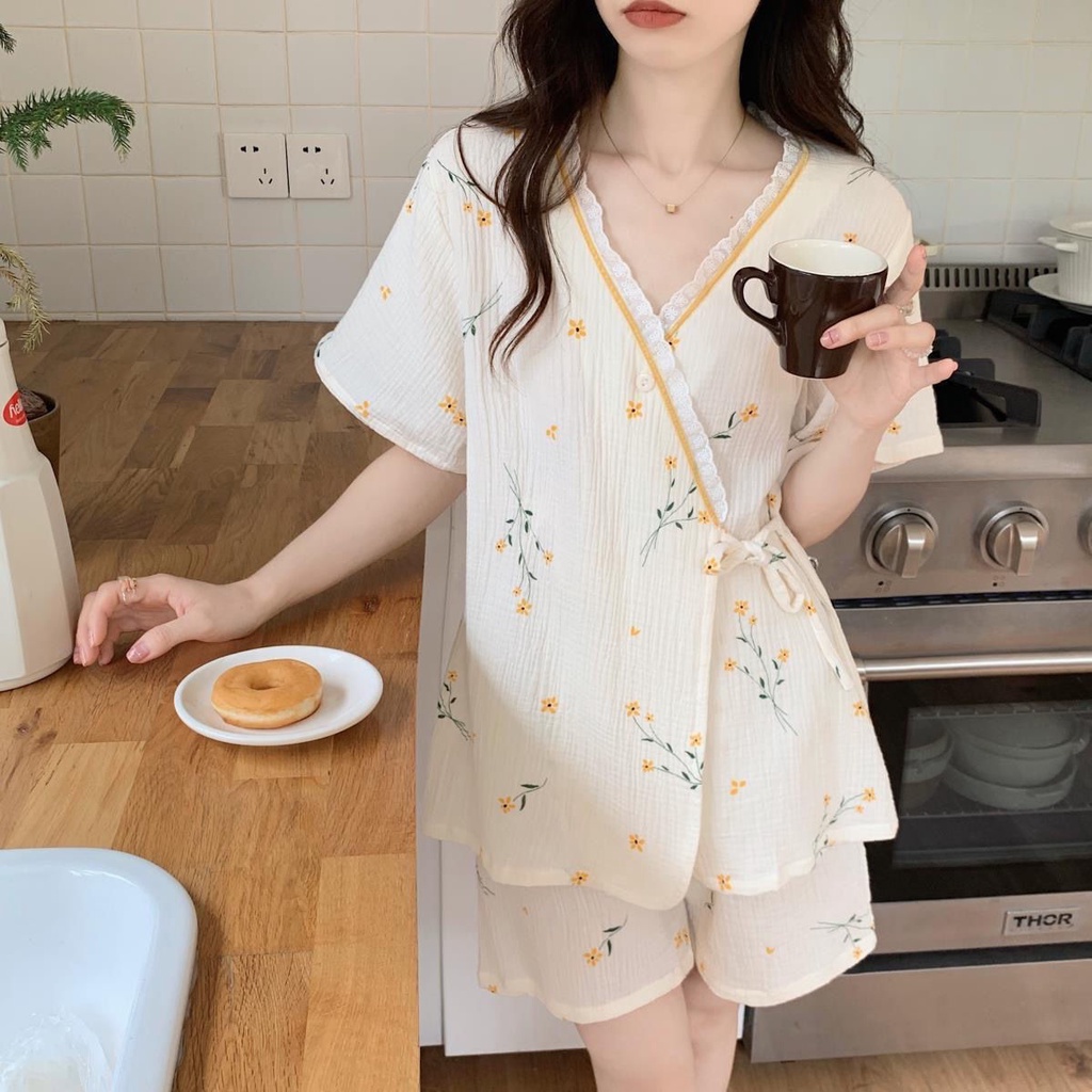 Bộ đồ ngủ tay ngắn dáng rộng phong cách kimono Nhật Bản cho nữ