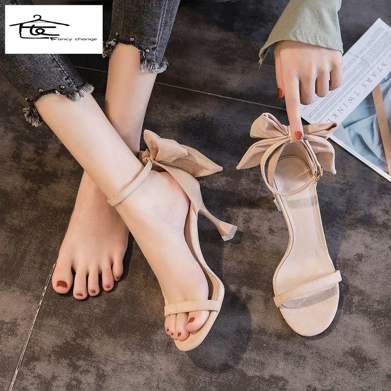 Giày Sandal Cao Gót Hở Ngón Đính Nơ Phong Cách Hàn Quốc Quyến Rũ