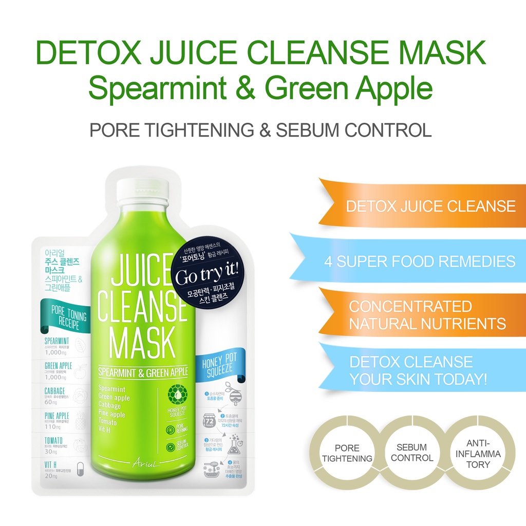 Mặt Nạ Ariul Juice Cleanse Làm Sạch Sâu Chiết Xuất Bạc Hà & Táo Xanh 20ml