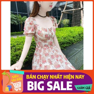 Đầm hoa cổ vuông dáng xòe phối ngọc chất voan cao cấp phù hợp đi chơi đi biển V1497