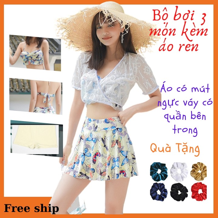 Đồ Bơi Nữ-Bikini 3 mảnh chân váy cạp cao kèm áo ren (Ảnh thật + Video)