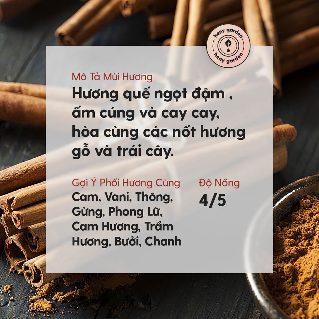 Tinh Dầu Quế Organic Nguyên Chất Đậm Đặc Xông Thơm Phòng, Làm Nến Thơm Thiên Nhiên, Giúp Dễ Ngủ Heny Garden 10mL