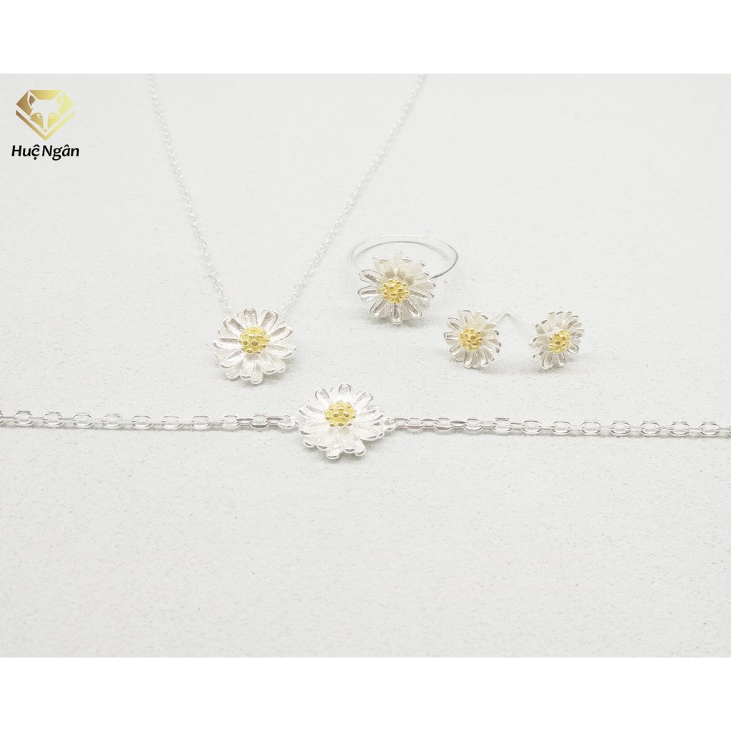 Combo Dây chuyền, Bông Tai, Nhẫn Và Lắc Tay bạc Ý 925 Bạc Xinh Huệ Ngân - Cúc Họa Mi PP1159-RR1136-RYE140664-RYB140079
