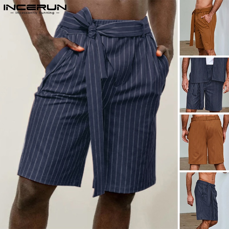 Quần INCERUN dáng rộng phối dây đai thiết kế kẻ sọc phong cách Hàn Quốc thời trang cho nam