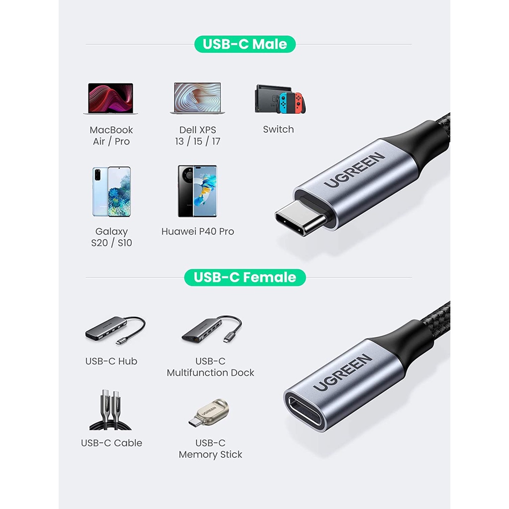 Cáp USB Type C 3.1 nối dài Gen 2 Cao Cấp Ugreen 80810 30205 Chính Hãng US372 (Thundorbolt 3 PD 5A/100W)