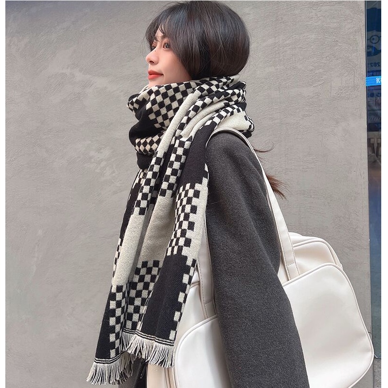 Khăn choàng quàng cổ nữ chất len dày ấm áp mùa đông kẻ caro đen trắng thời trang phong cách Vintage Hàn Quốc