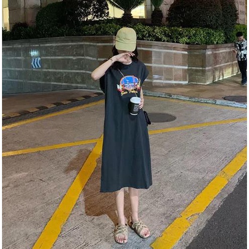 Jiashucheng Đầm Thun Dài Ngang Mắt Cá Chân Dáng Rộng Không Tay Mùa Hè Giản Dị Kiểu Mỹ