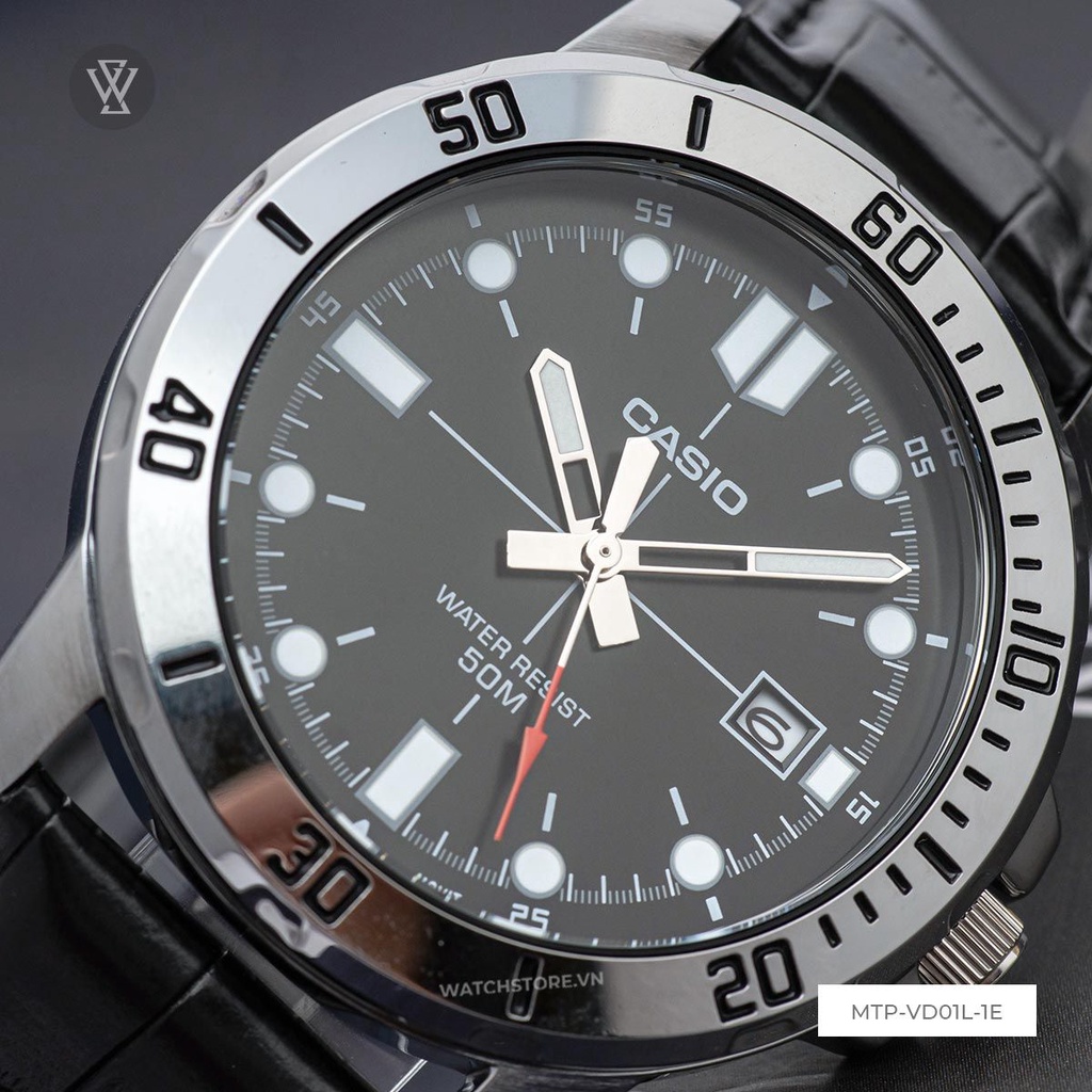 Đồng Hồ Quartz Nam Casio WATCHSTORE MTP-VD01L-1EVUDF Thiết Kế Mặt Kính Khoáng 45mm, Dây da Và Vỏ Thép Không Gỉ
