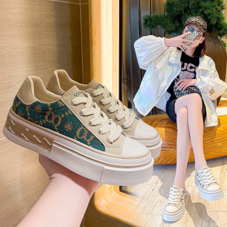 Giày thể thao nữ cổ thấp dang bata nữ đi học, Giày Sneaker nữ đế bằng chất vải canvas hai màu xanh kem đi làm