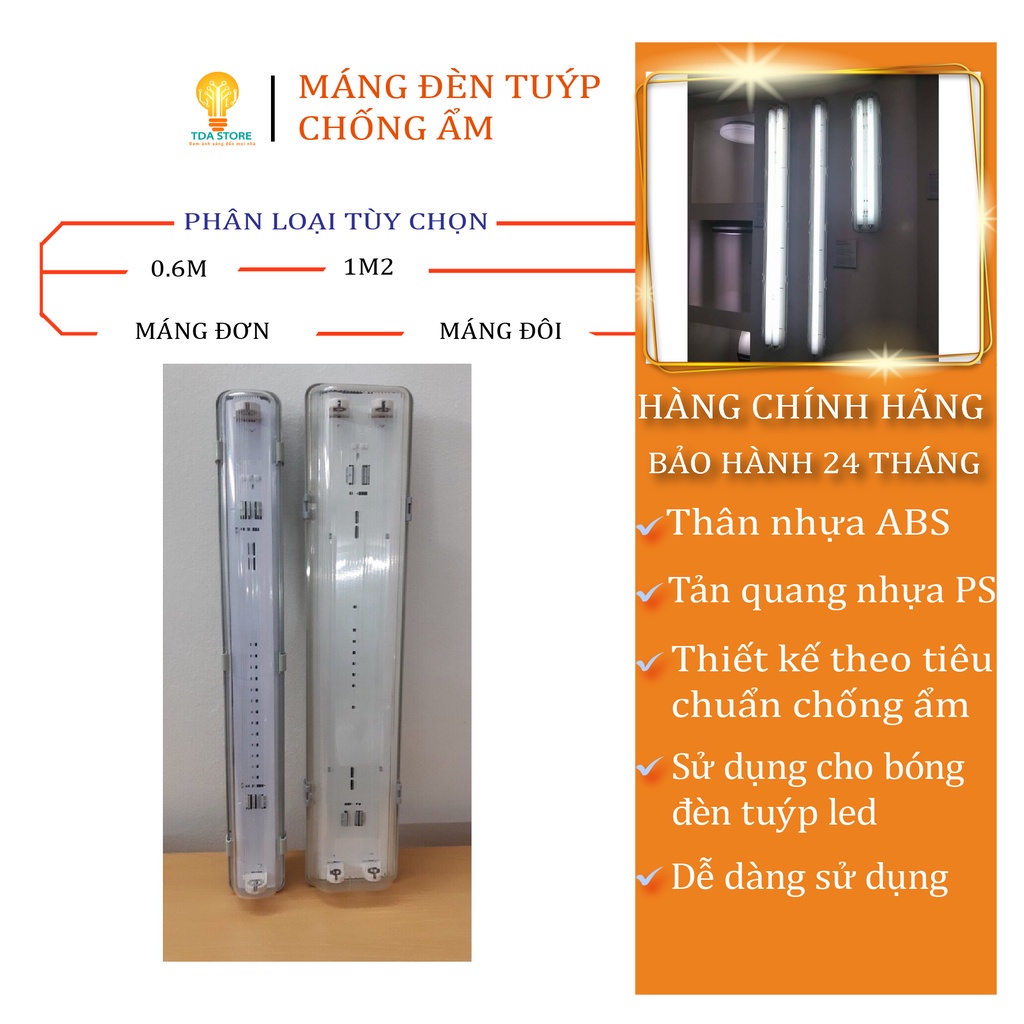 Máng đèn led chống ẩm Asia Lighting máng đèn tuýp đơn đôi 1m2 60cm thân nhựa ABS có tản quang bảo hành 24 tháng
