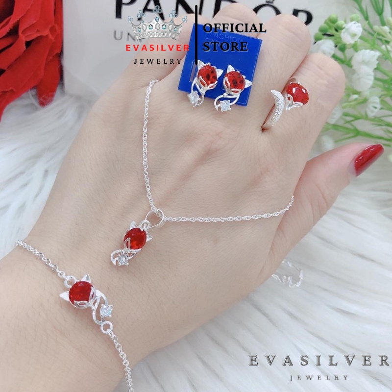 Bộ trang sức bạc mặt hồ ly nhiều màu gồm 4 món, Sét trang sức bạc phong thủy sang trọng nữ tính