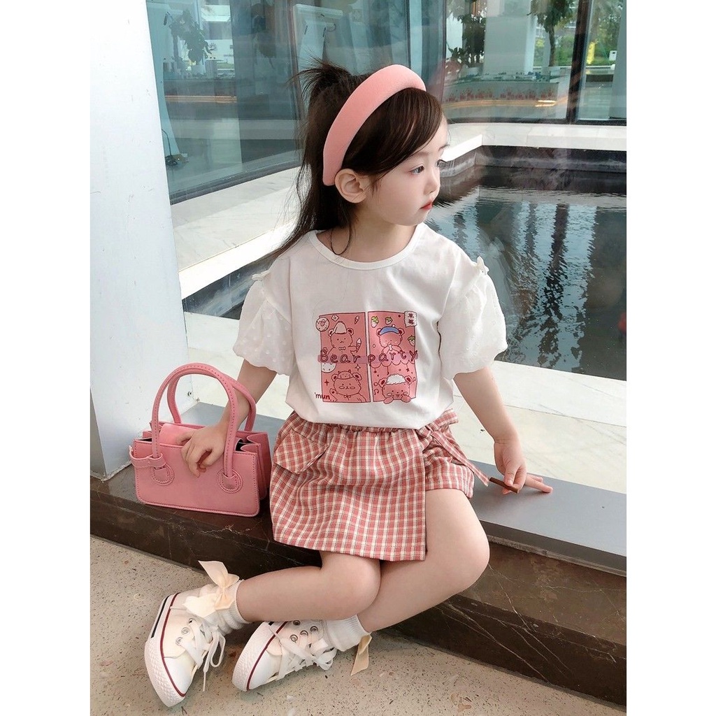 Set Áo Thun Ngắn Tay In Hoạt Hình + Quần Short Kẻ Sọc Ca Rô Thời Trang Mùa Hè Cho Bé Gái