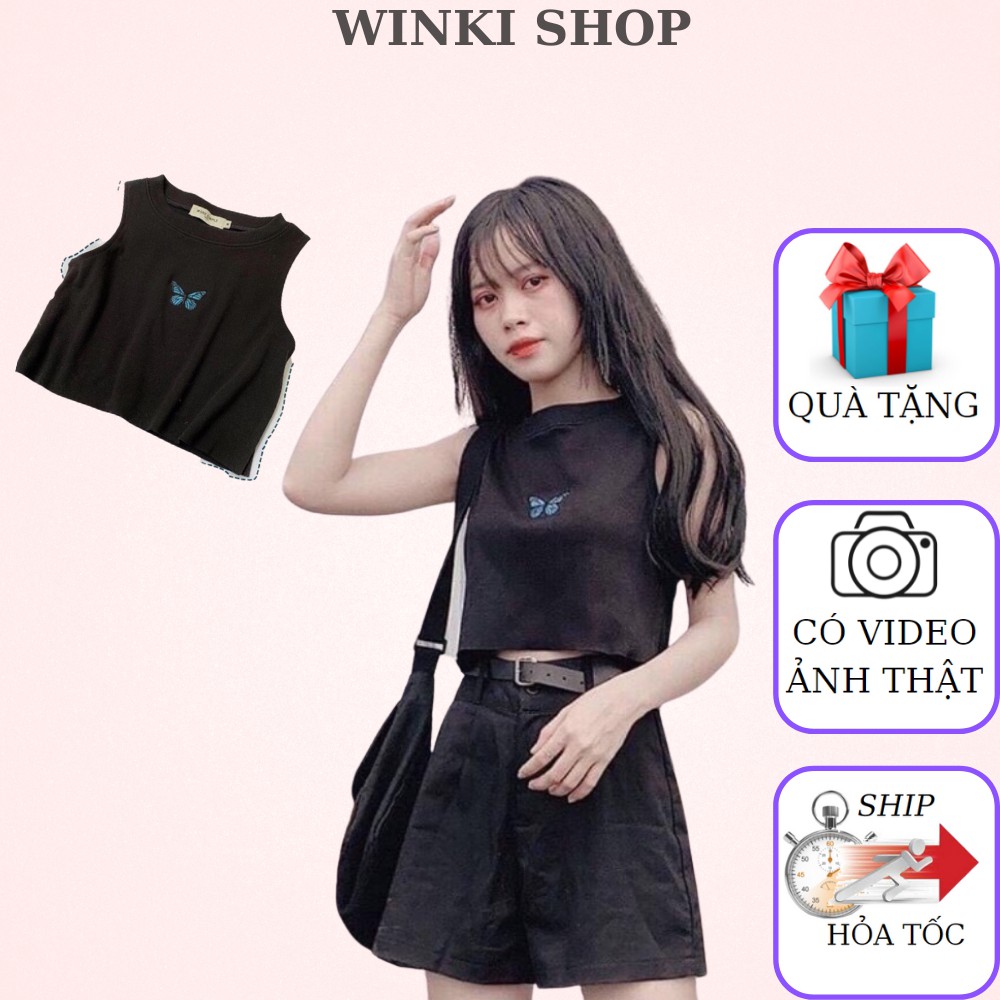 Áo croptop Nữ Blue Buterfly 3 lỗ Ulzzang