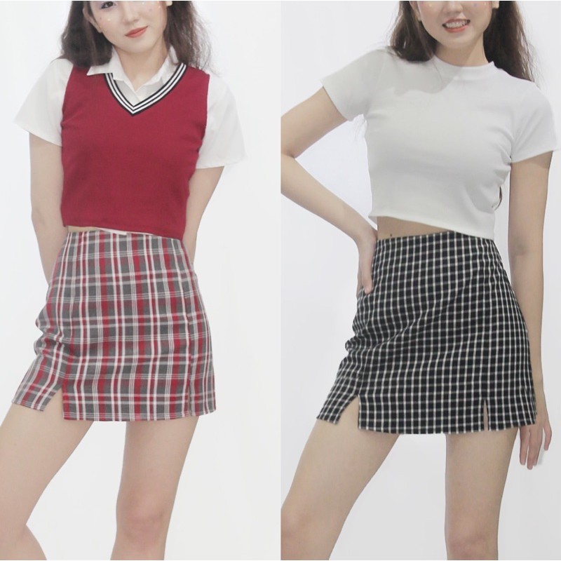 Chân váy ngắn xẻ đùi hai bên sọc caro trắng đen, váy chữ A ngắn