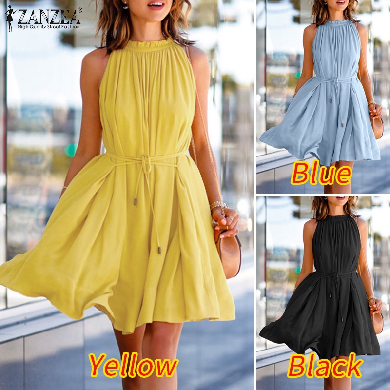 Zanzea Đầm Nữ Cộc Tay Cổ Tròn Xếp Ly Thời Trang