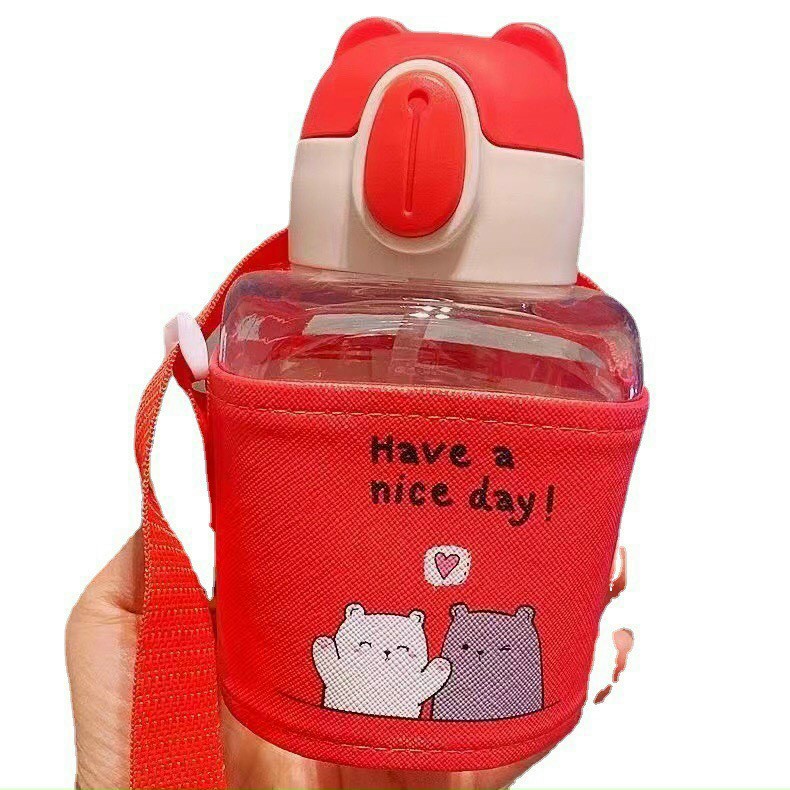 Bình Nước 600ml Cho Bé Đi Học - Kèm Ống Hút Và Túi Vải