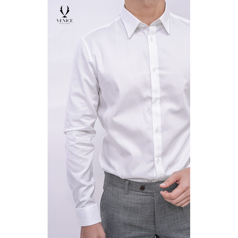 Sơ Mi Nam Dài Tay Công Sở VENICE - Màu Trắng Chéo To, Cổ Thường (Cúc Trắng Thường), Form Slim Fit, Vải Cotton Pha Sợi