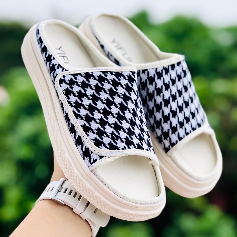 Giày vải unisex đạp gót ❤️FREESHIP + Hộp❤️  quai ngang thể thao nữ, sục hở mũi chất xịn, đế cao, Caro.đen trắng