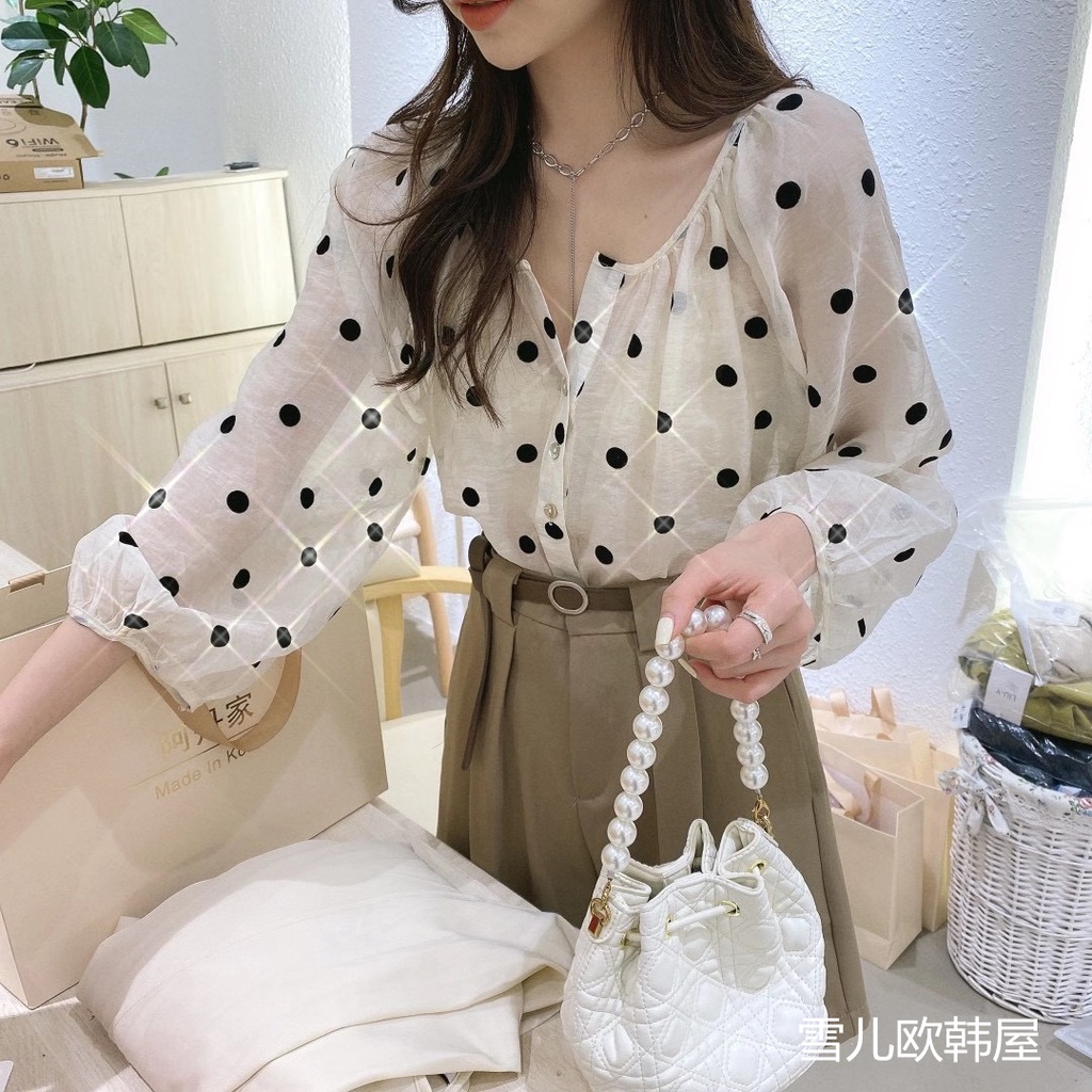 Áo Sơ Mi Tay Dài Cổ Chữ V Họa Tiết Chấm Bi Phong Cách Hàn Quốc Cổ Điển Thời Trang Mùa Hè Cho Nữ