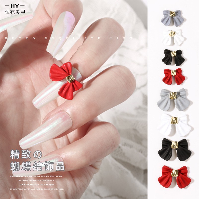 [Hàng mới về] Phụ kiện trang trí móng nghệ thuật ba chiều hình nơ bướm màu đỏ bằng hợp kim phong cách Nhật Bản