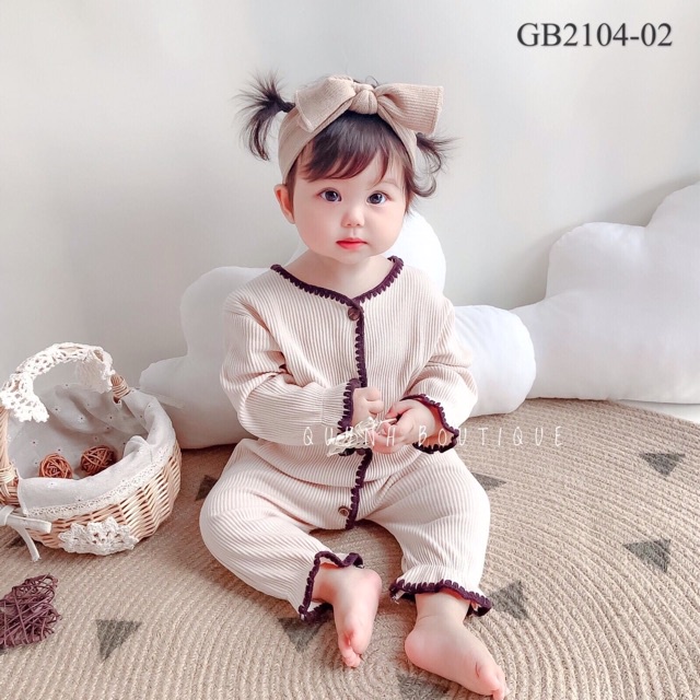 Set Trang Phục Body QUỲNH BOUTIQUE Body Dài Tay Cho Bé Gái Viền Nâu