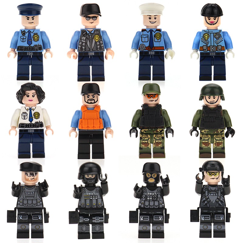 Lego Police SWTA Commando Military Series Phantom Ninja Series Minifigures Cảnh sát Xe mô tô Thuyền cao su Giáo dục trẻ em Hạt nhỏ lắp ráp Khối xây dựng Đồ chơi