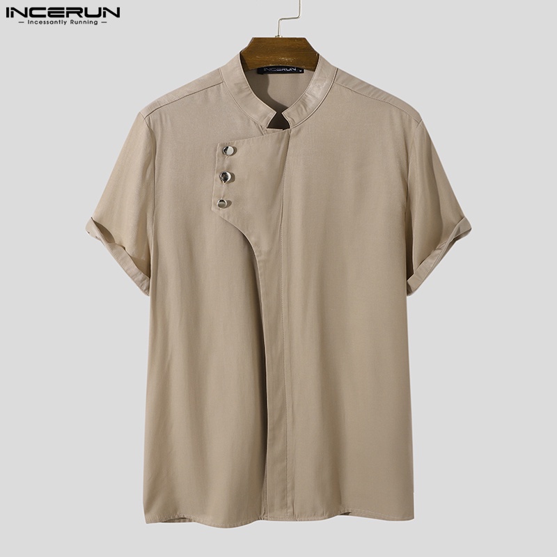 INCERUN Áo Sơ Mi Tay Ngắn Màu Trơn Phối Nút Thiết Kế Độc Đáo Thời Trang Cho Nam