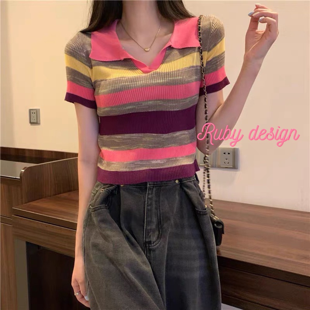 Áo len nữ áo len mongtoghi croptop sọc 7 màu cổ bẻ cao cấp phong cách Hàn quốc trẻ trung năng động cá tính Ruby design