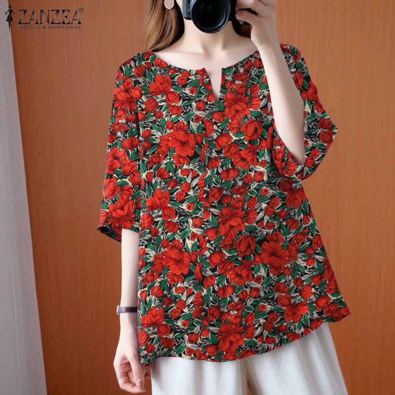Áo kiểu Zanzea tay ngắn cổ tròn in họa tiết hoa phong cách vintage dành cho nữ