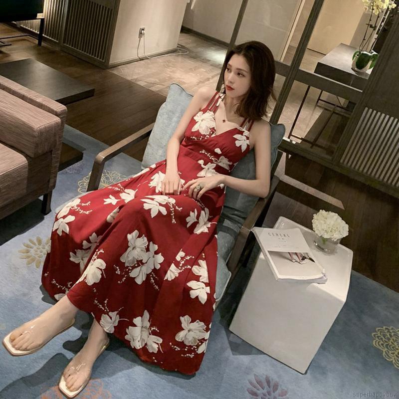 Đầm dây chiffon in hoa cổ chữ V gợi cảm duyên dáng cho nữ