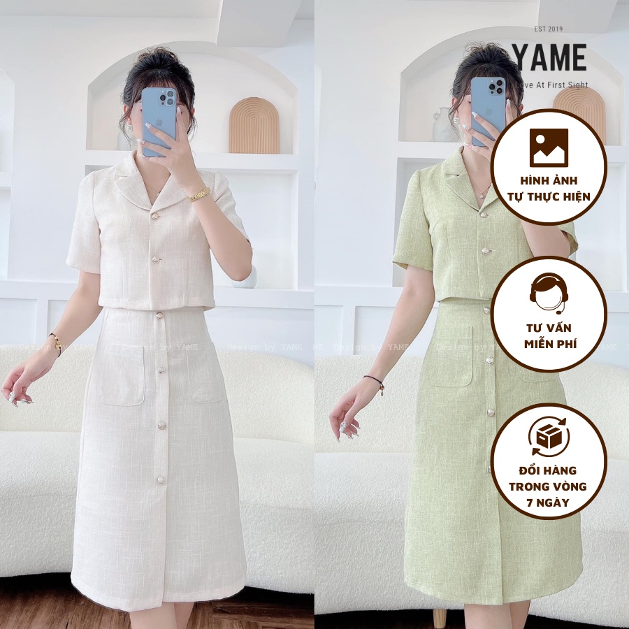 Set gồm áo và chân váy dài chất dạ mỏng 2 lớp màu be xanh cốm YAME Set Sky/ Blue- Beige