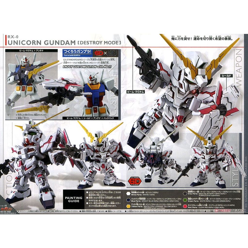 Gundam SD EX Standard Unicorn Gundam Destroy Mode Bandai 005 Mô hình nhựa lắp ráp