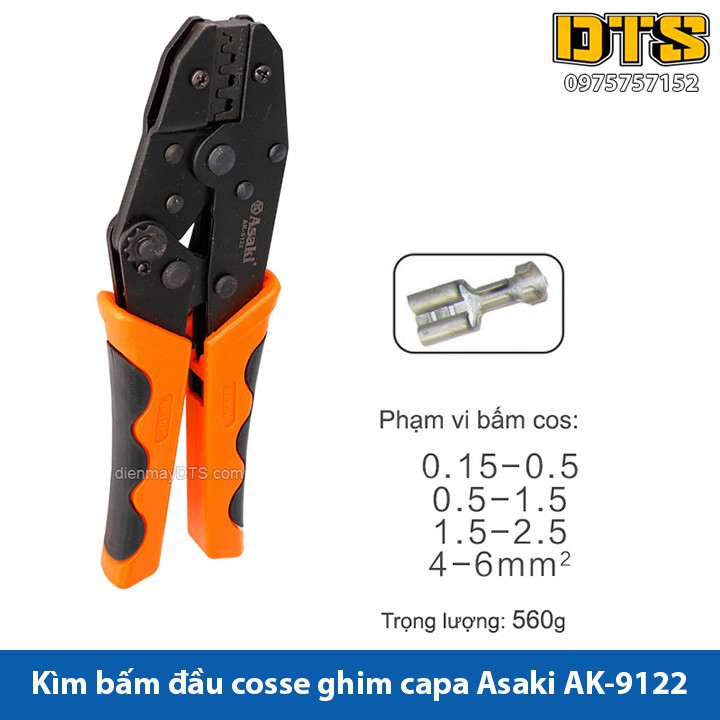 Kìm bấm cos ghim capa Asaki AK-9122 0.15 ~ 6mm2 - Kềm bấm cốt ghim capa (Kìm bấm đầu cote Asaki) giocongcu