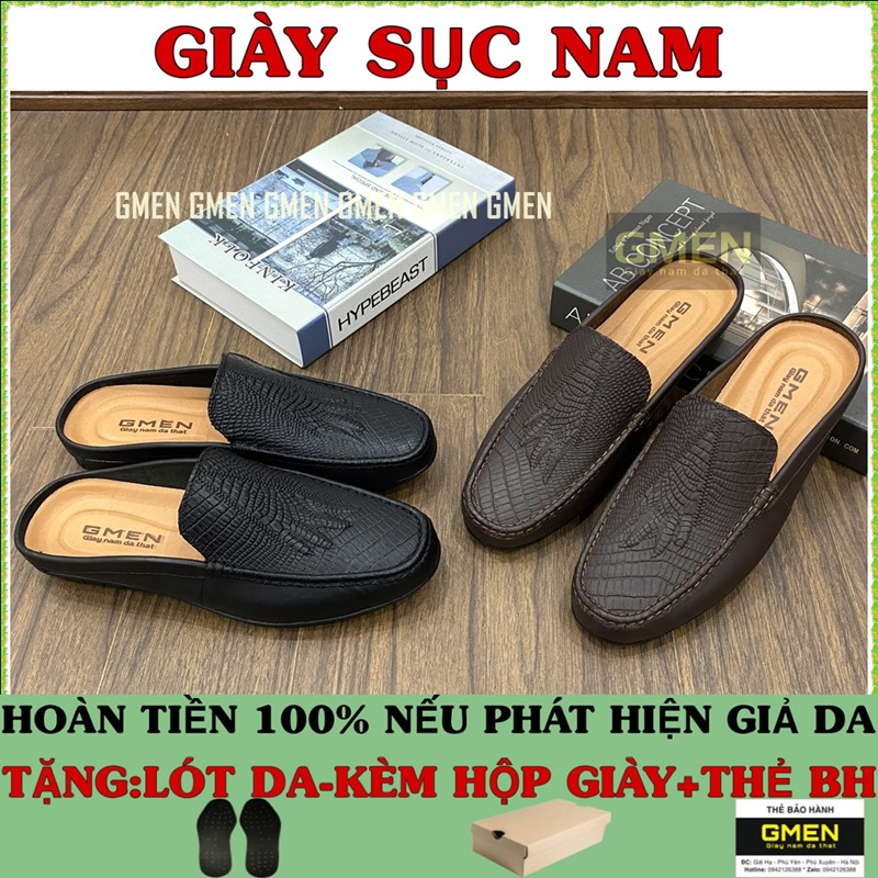 Giày sục nam da bò dập vân cá sấu-giày lười da đế cao su êm chân bảo hành 12 tháng GM01