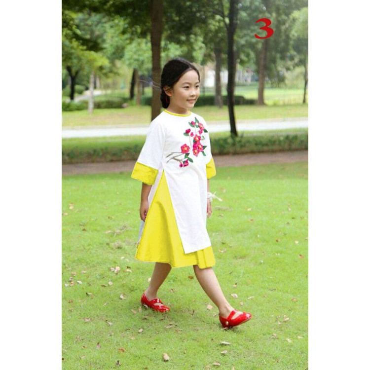 (Set 3) Áo dài thêu hoa kết hợp váy bé gái duyên dáng (Tặng kèm băng đô) (190142)