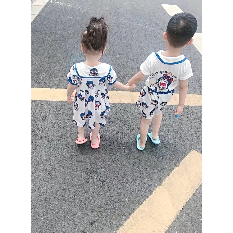 Váy / Set đồ phối trắng xanh hoạ tiết Doraemon cho bé gái &amp; bé trai (Cao 90-140cm, nặng 10-30kg) N00867